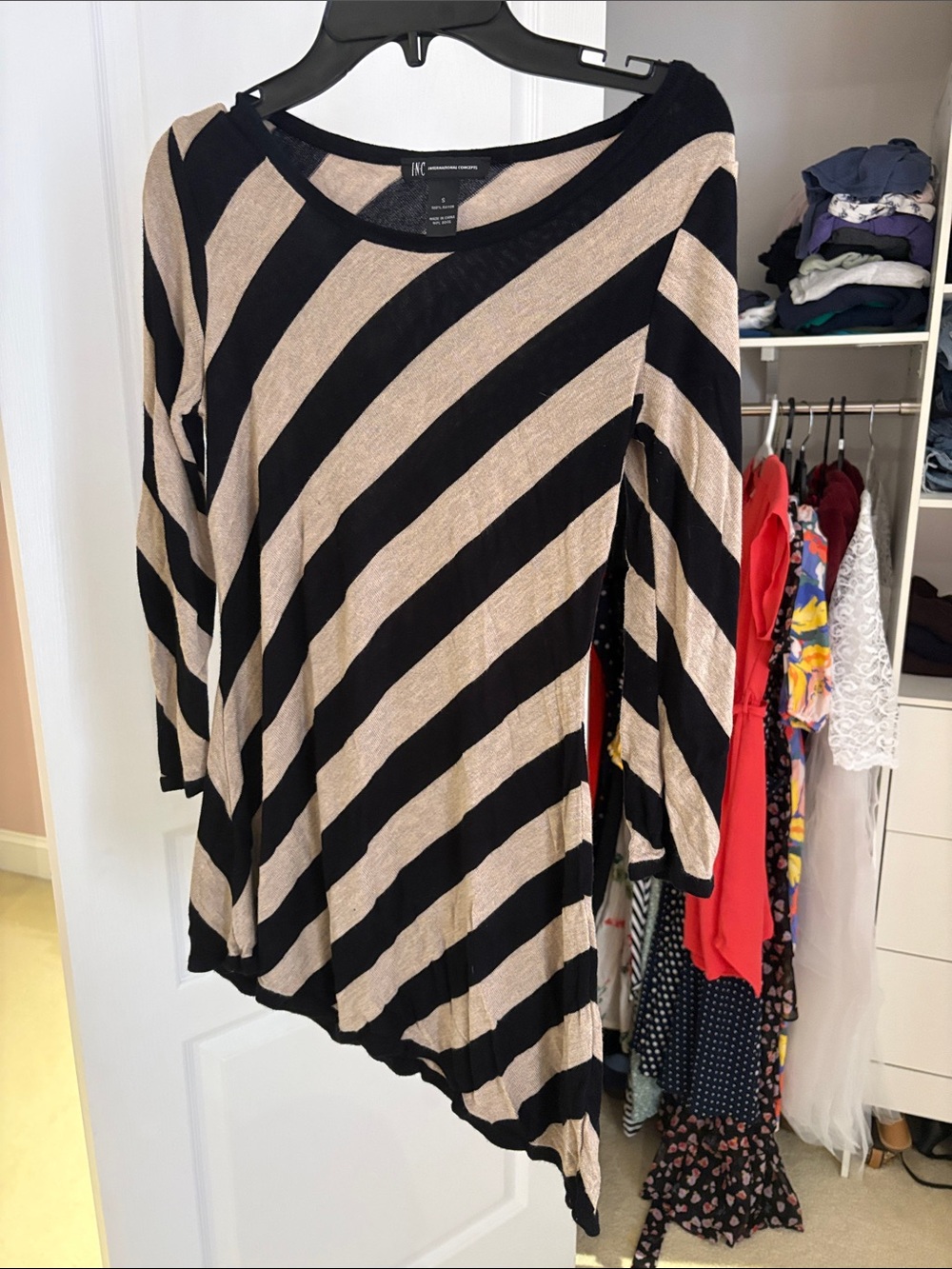 INC International Concepts Black and Tan Diagonal Striped Assymeytical Tunic